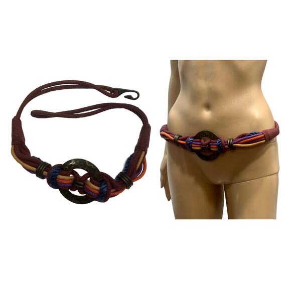 Multi Color Earthy Obi Knot Belt w Brass Rings | Gypsy Boho | 34 - 40" - Picture 3 of 10